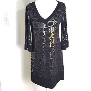 Clara Sun Woo Black Mini-Dress with Silver & Gold Metallic Circles, Size Small